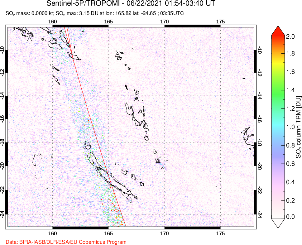 A sulfur dioxide image over Vanuatu, South Pacific on Jun 22, 2021.