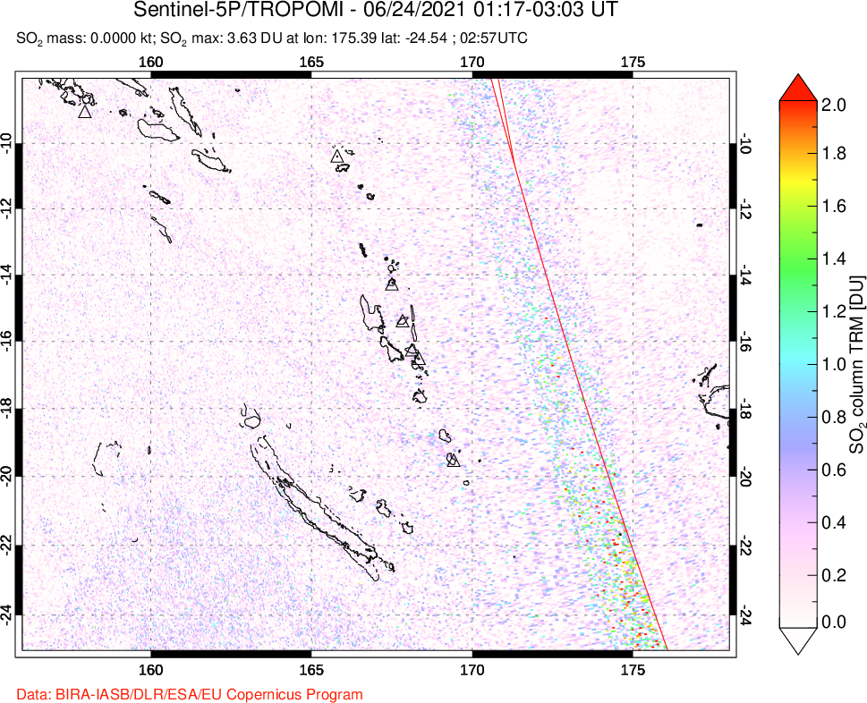 A sulfur dioxide image over Vanuatu, South Pacific on Jun 24, 2021.