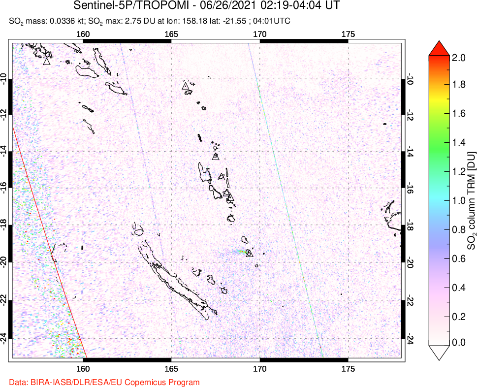 A sulfur dioxide image over Vanuatu, South Pacific on Jun 26, 2021.