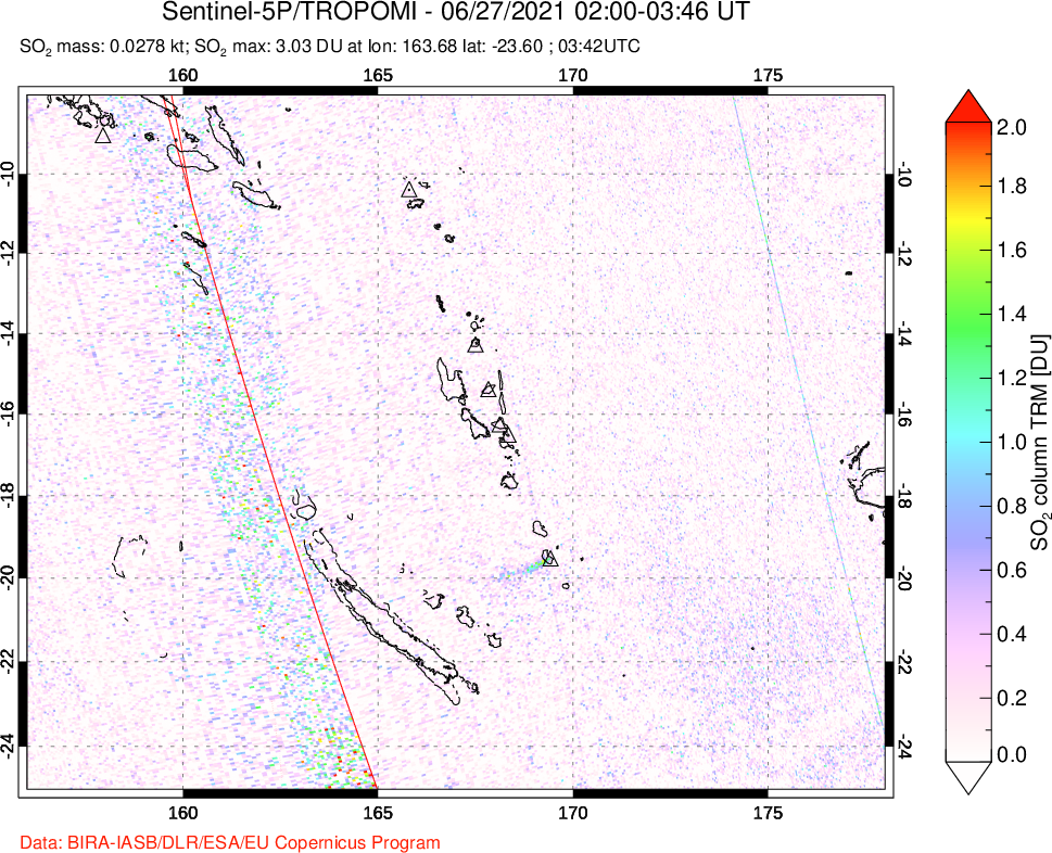 A sulfur dioxide image over Vanuatu, South Pacific on Jun 27, 2021.