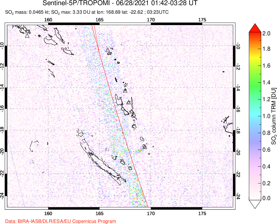 A sulfur dioxide image over Vanuatu, South Pacific on Jun 28, 2021.