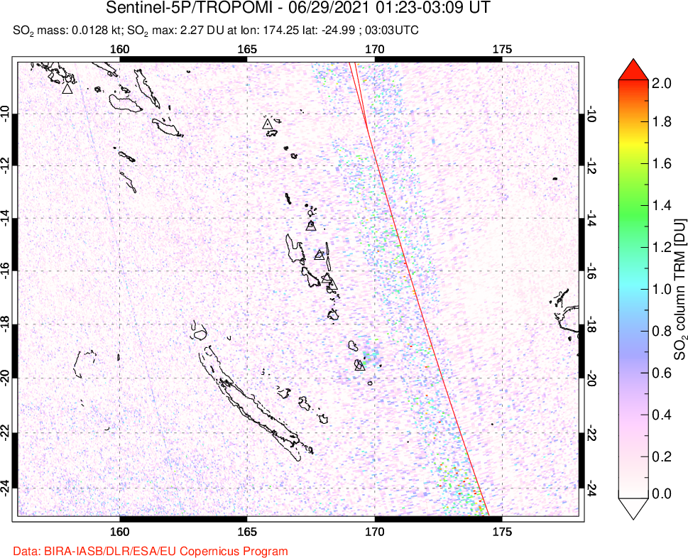 A sulfur dioxide image over Vanuatu, South Pacific on Jun 29, 2021.