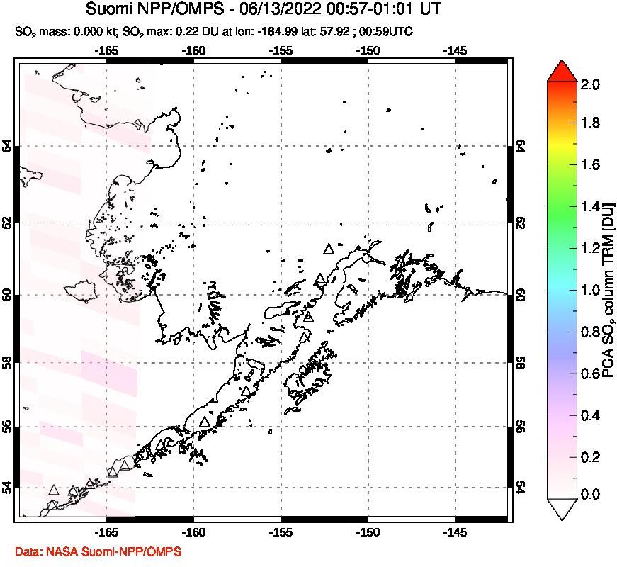 A sulfur dioxide image over Alaska, USA on Jun 13, 2022.
