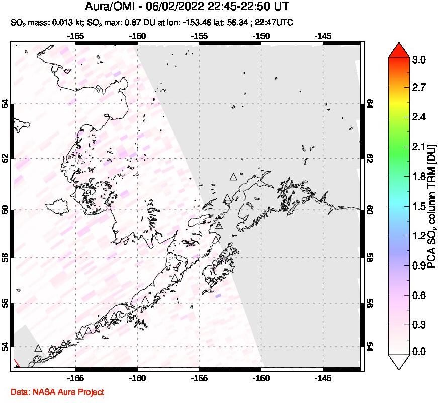 A sulfur dioxide image over Alaska, USA on Jun 02, 2022.