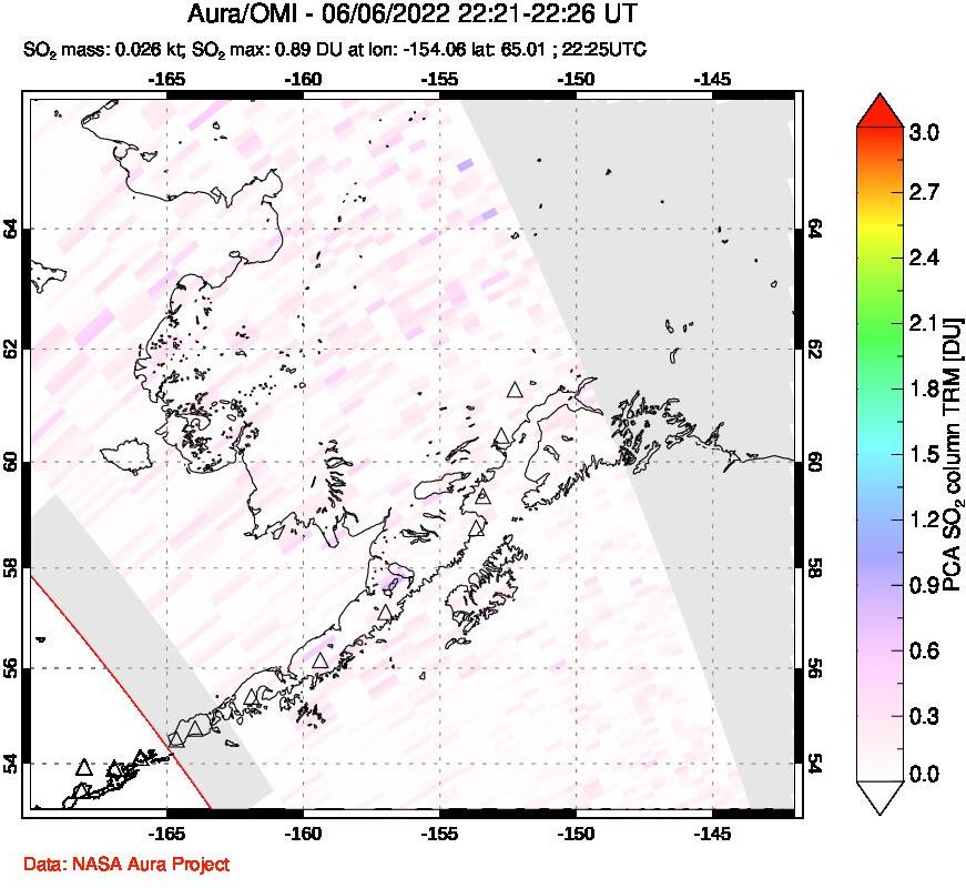 A sulfur dioxide image over Alaska, USA on Jun 06, 2022.