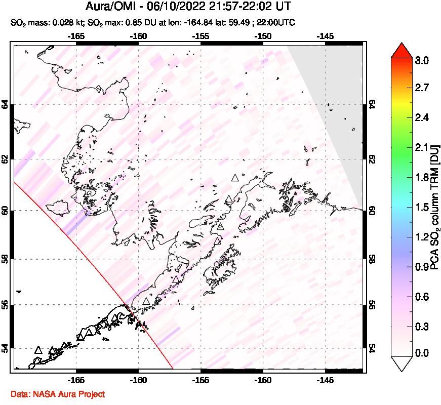 A sulfur dioxide image over Alaska, USA on Jun 10, 2022.