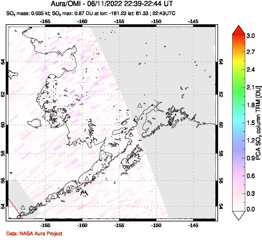 A sulfur dioxide image over Alaska, USA on Jun 11, 2022.