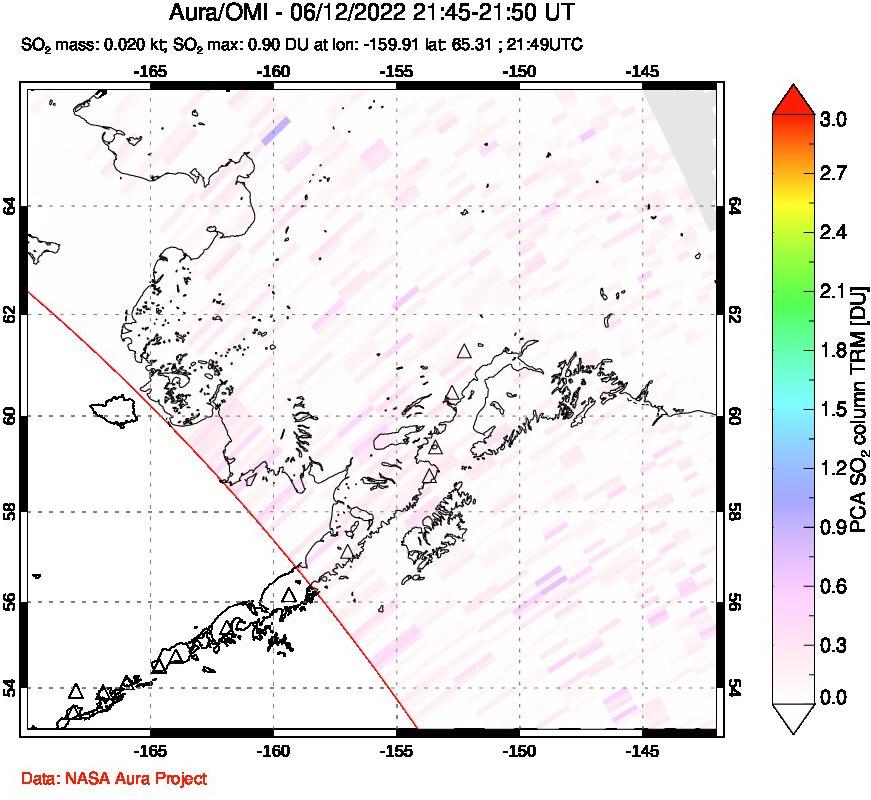 A sulfur dioxide image over Alaska, USA on Jun 12, 2022.