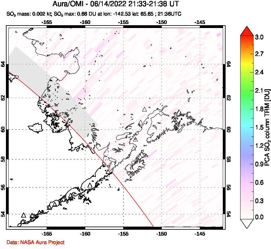 A sulfur dioxide image over Alaska, USA on Jun 14, 2022.