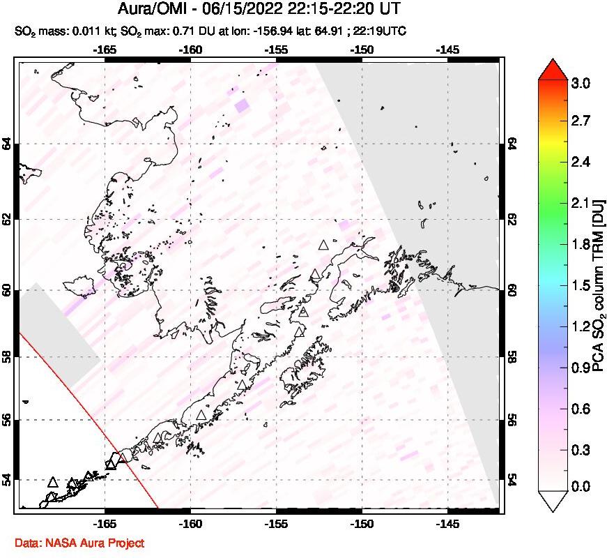 A sulfur dioxide image over Alaska, USA on Jun 15, 2022.