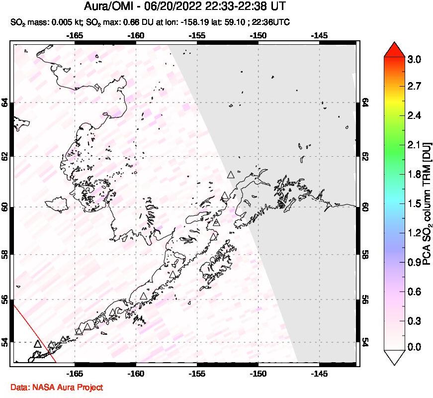 A sulfur dioxide image over Alaska, USA on Jun 20, 2022.