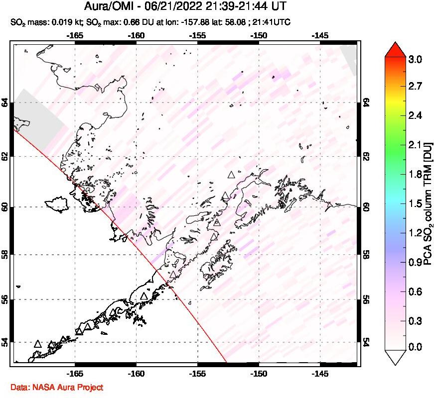 A sulfur dioxide image over Alaska, USA on Jun 21, 2022.