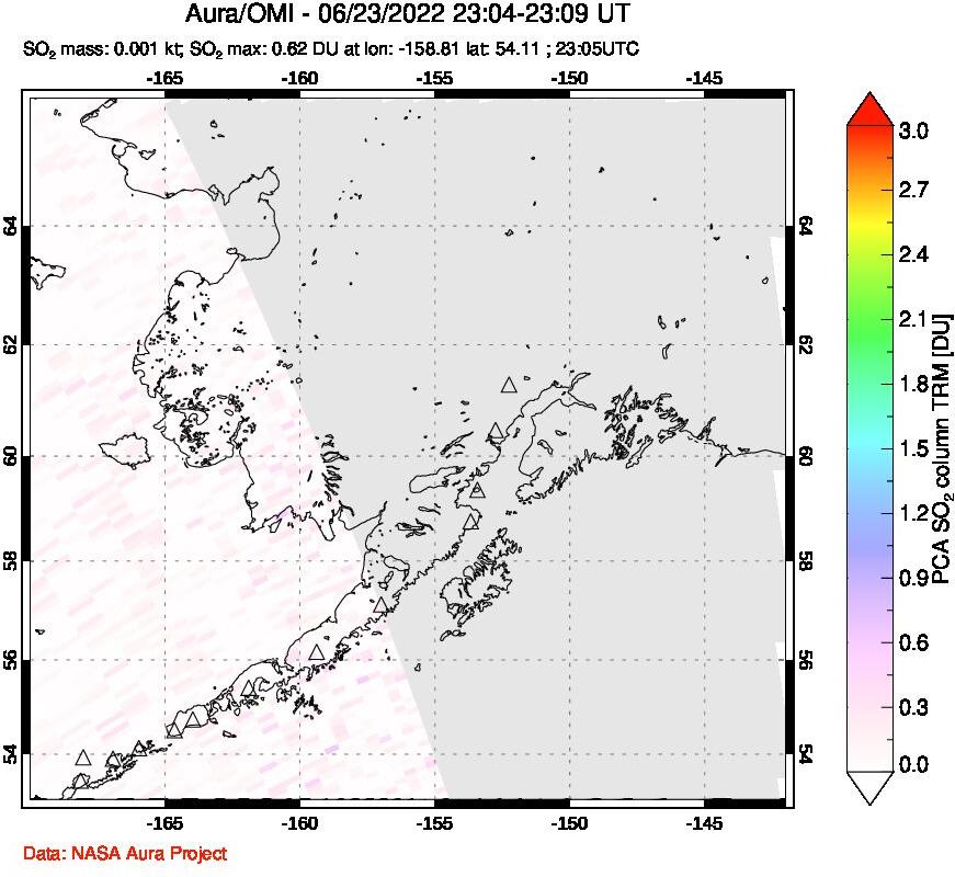 A sulfur dioxide image over Alaska, USA on Jun 23, 2022.