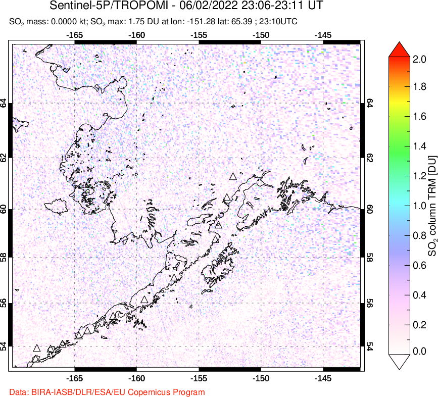 A sulfur dioxide image over Alaska, USA on Jun 02, 2022.