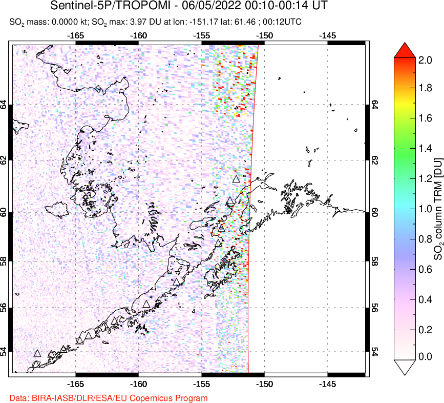 A sulfur dioxide image over Alaska, USA on Jun 05, 2022.