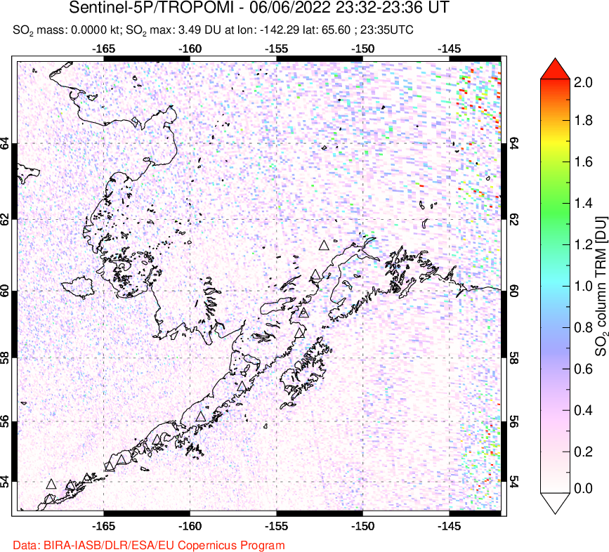 A sulfur dioxide image over Alaska, USA on Jun 06, 2022.