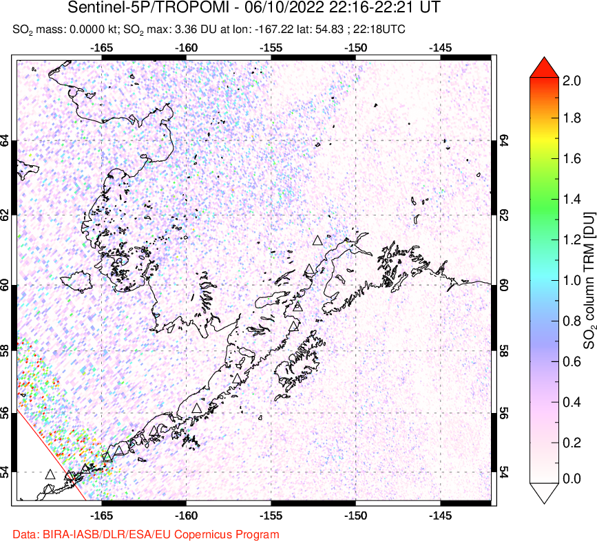 A sulfur dioxide image over Alaska, USA on Jun 10, 2022.