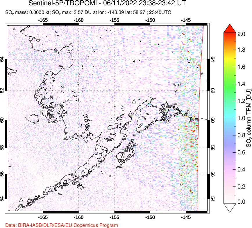 A sulfur dioxide image over Alaska, USA on Jun 11, 2022.