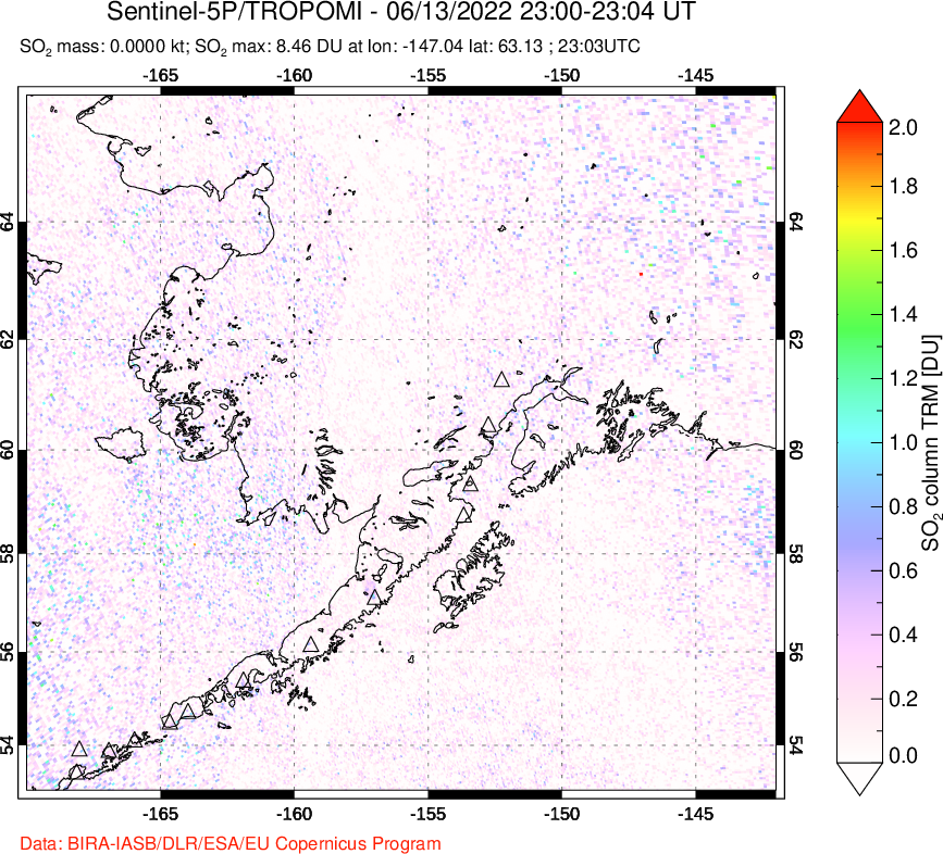 A sulfur dioxide image over Alaska, USA on Jun 13, 2022.