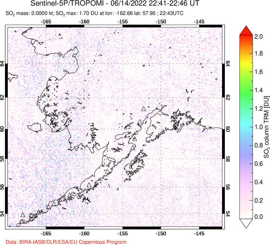 A sulfur dioxide image over Alaska, USA on Jun 14, 2022.