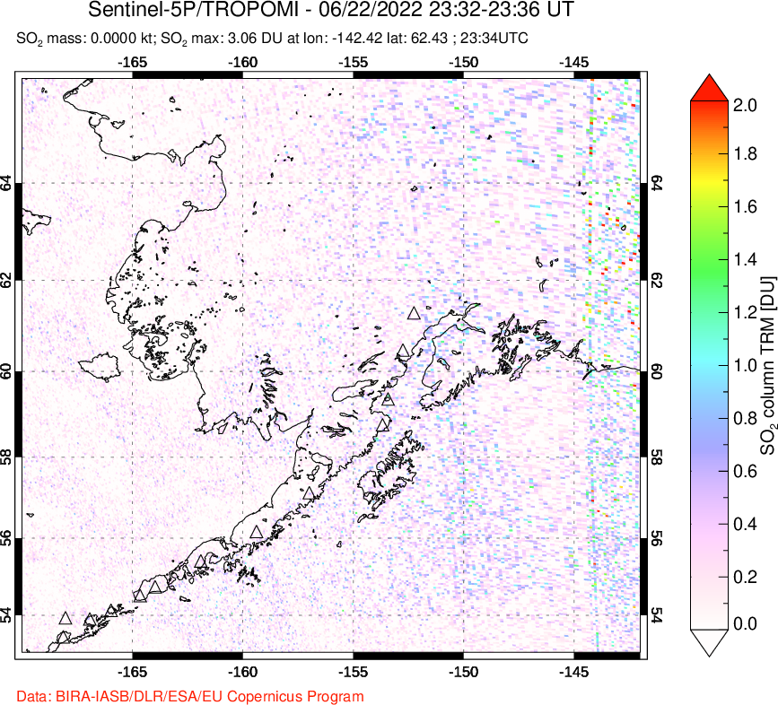 A sulfur dioxide image over Alaska, USA on Jun 22, 2022.
