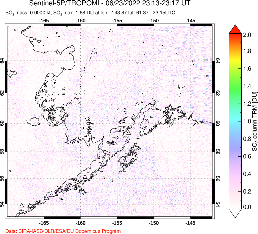 A sulfur dioxide image over Alaska, USA on Jun 23, 2022.