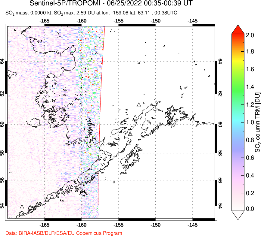 A sulfur dioxide image over Alaska, USA on Jun 25, 2022.