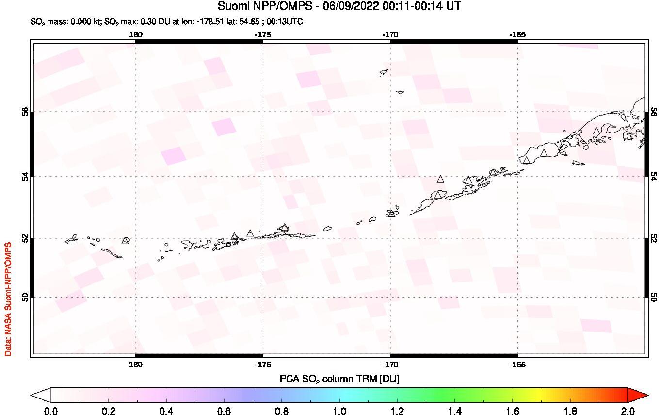 A sulfur dioxide image over Aleutian Islands, Alaska, USA on Jun 09, 2022.