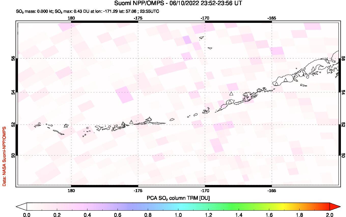 A sulfur dioxide image over Aleutian Islands, Alaska, USA on Jun 10, 2022.