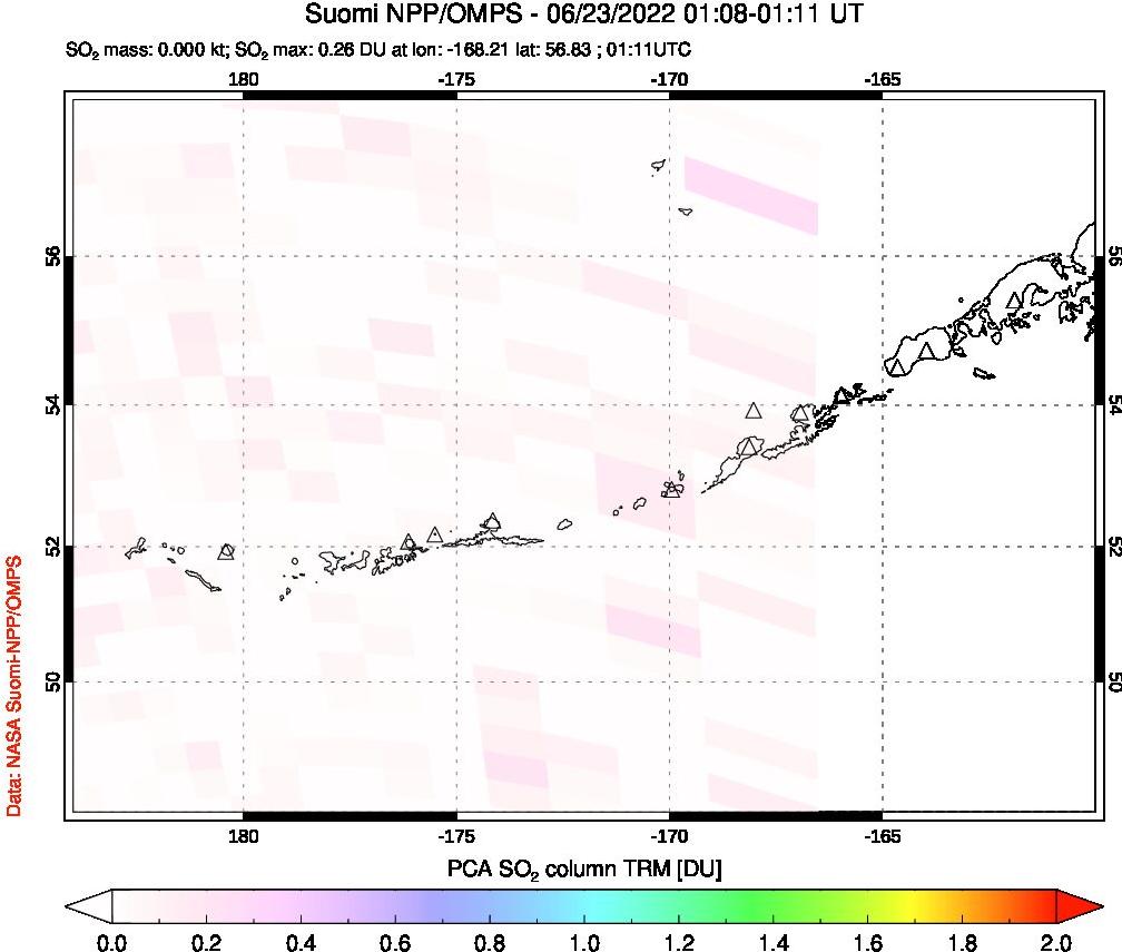 A sulfur dioxide image over Aleutian Islands, Alaska, USA on Jun 23, 2022.