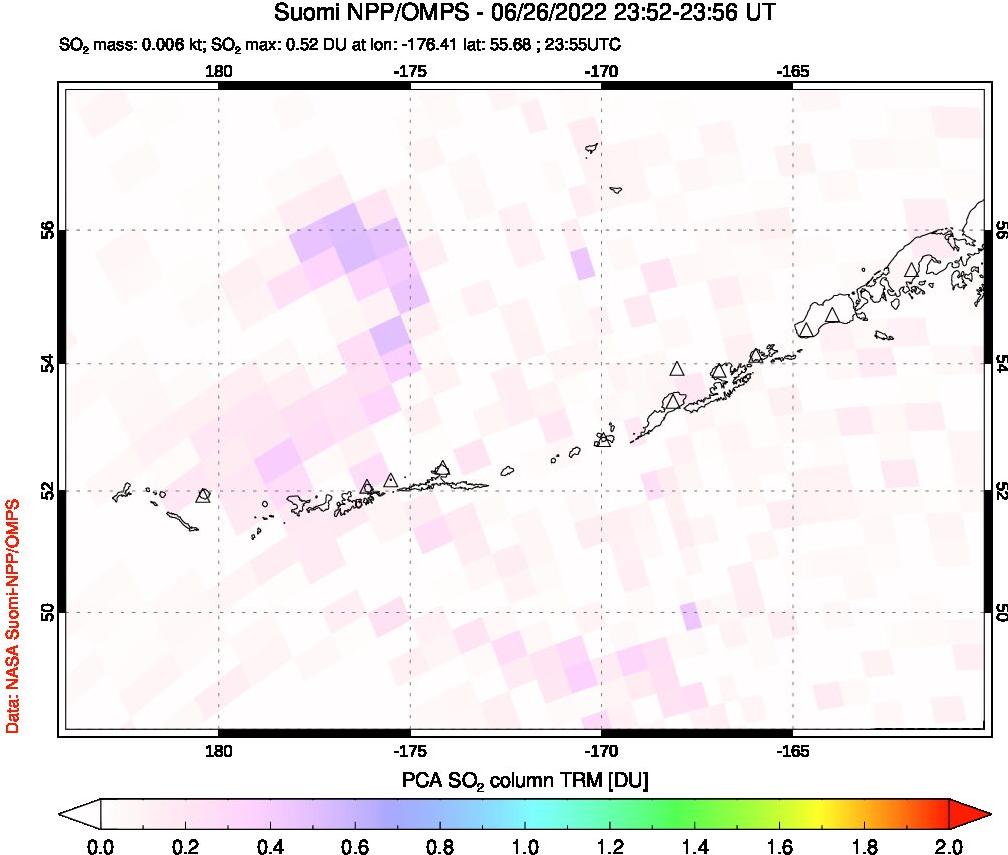 A sulfur dioxide image over Aleutian Islands, Alaska, USA on Jun 26, 2022.
