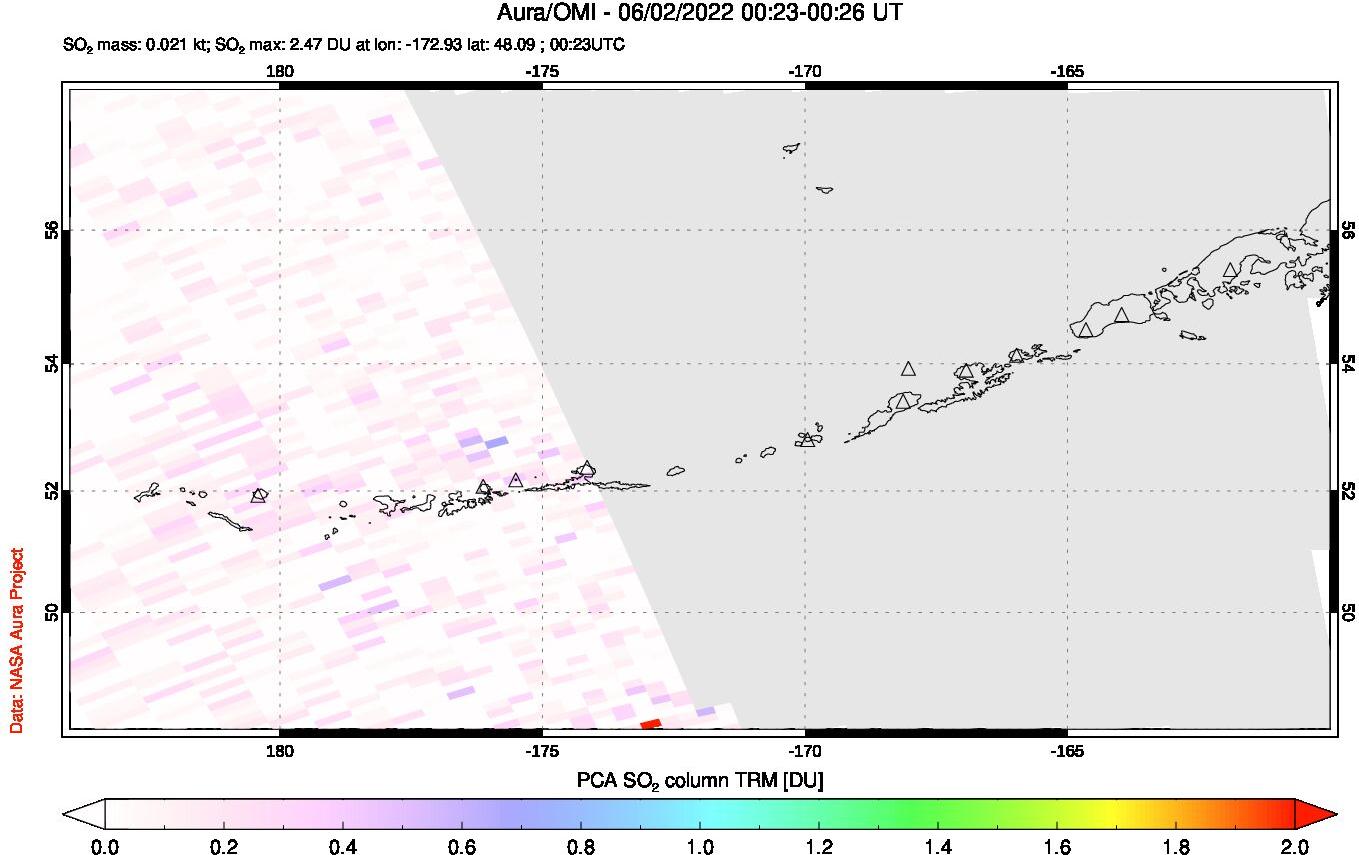 A sulfur dioxide image over Aleutian Islands, Alaska, USA on Jun 02, 2022.