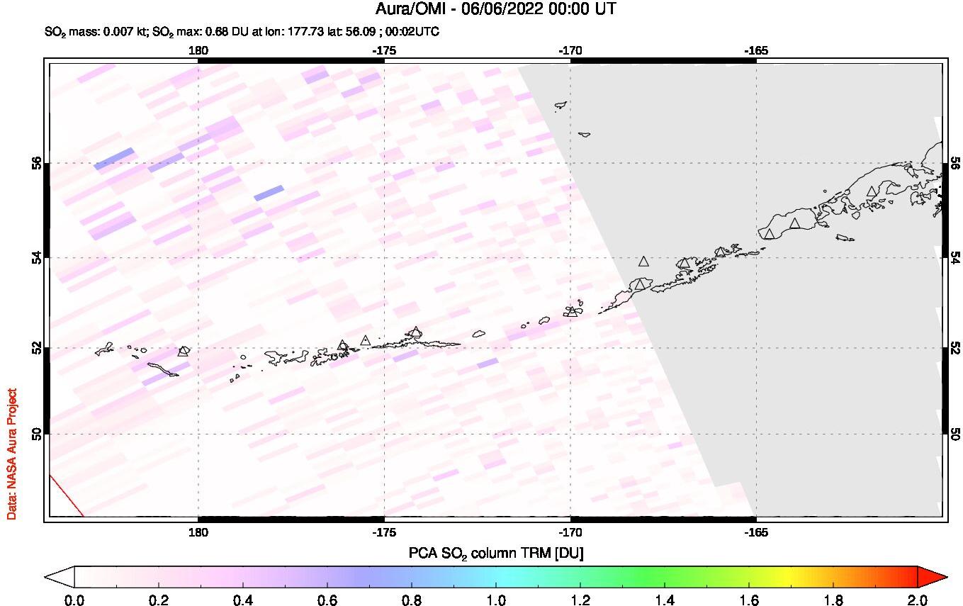A sulfur dioxide image over Aleutian Islands, Alaska, USA on Jun 06, 2022.