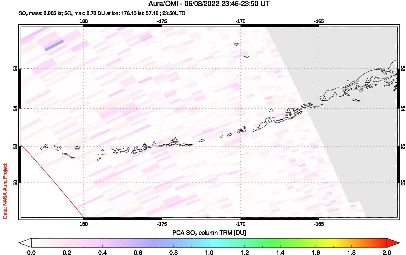 A sulfur dioxide image over Aleutian Islands, Alaska, USA on Jun 08, 2022.