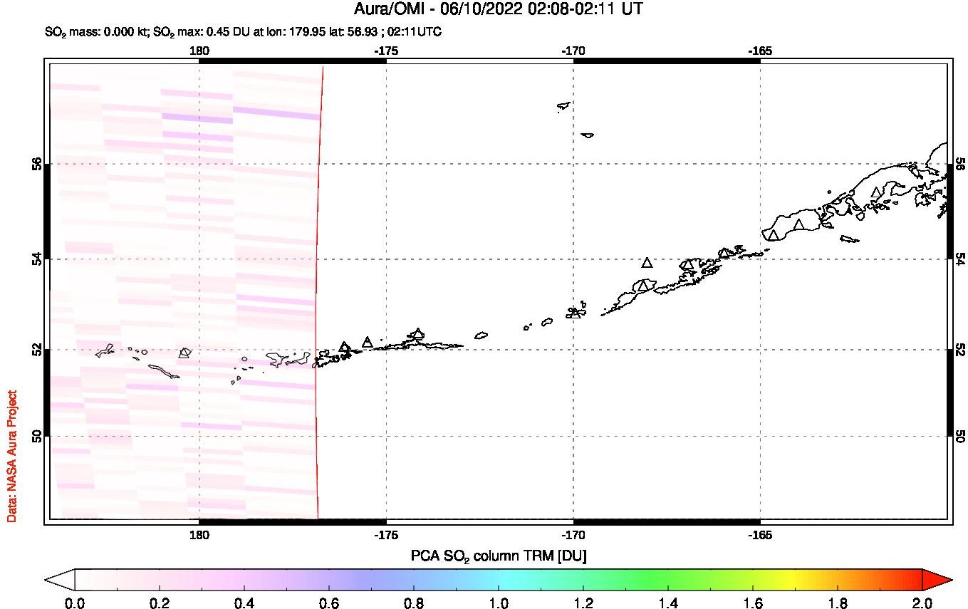 A sulfur dioxide image over Aleutian Islands, Alaska, USA on Jun 10, 2022.
