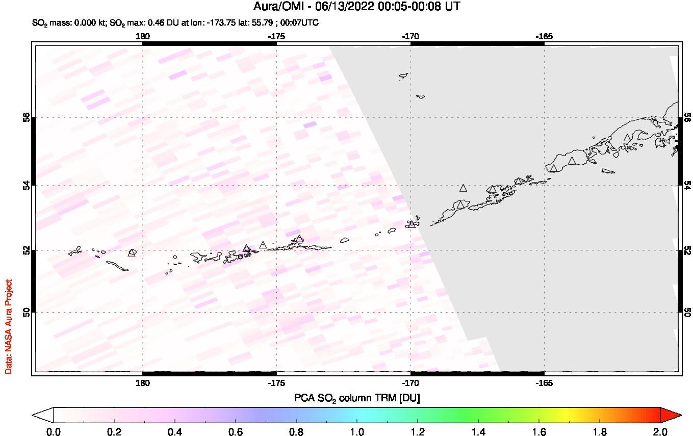 A sulfur dioxide image over Aleutian Islands, Alaska, USA on Jun 13, 2022.