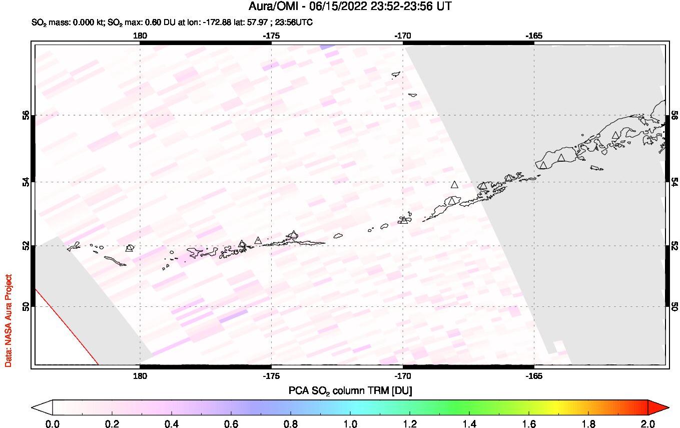 A sulfur dioxide image over Aleutian Islands, Alaska, USA on Jun 15, 2022.