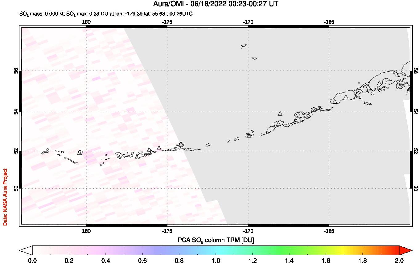 A sulfur dioxide image over Aleutian Islands, Alaska, USA on Jun 18, 2022.