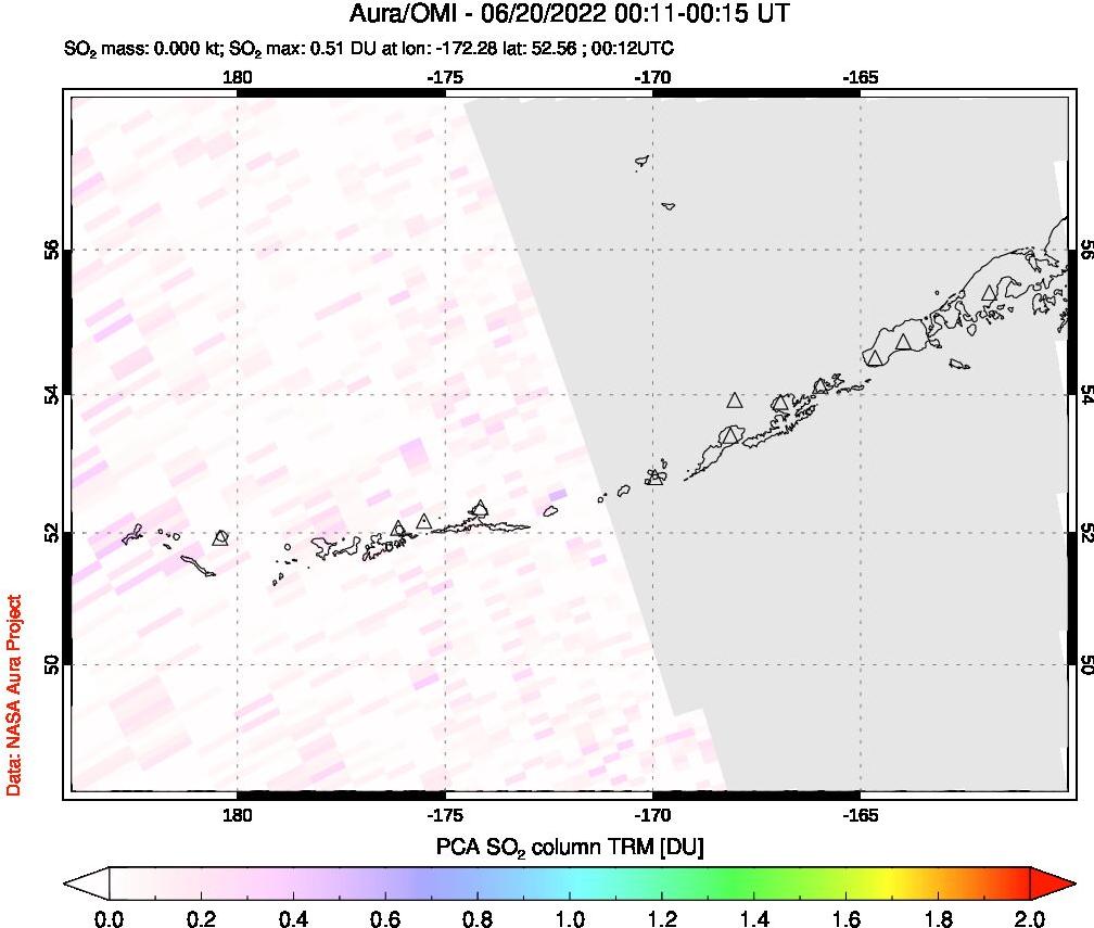 A sulfur dioxide image over Aleutian Islands, Alaska, USA on Jun 20, 2022.