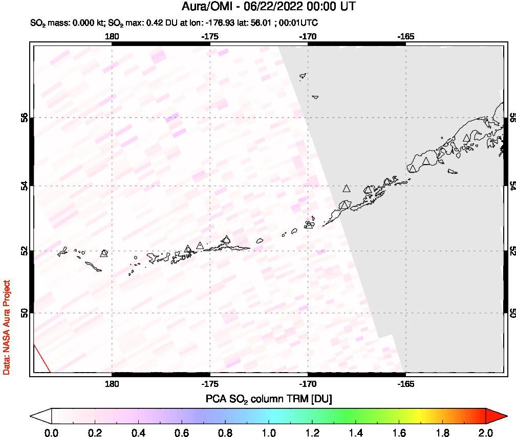 A sulfur dioxide image over Aleutian Islands, Alaska, USA on Jun 22, 2022.
