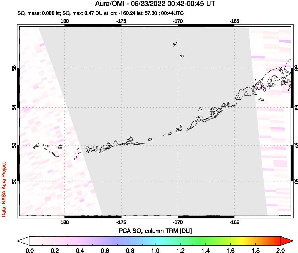 A sulfur dioxide image over Aleutian Islands, Alaska, USA on Jun 23, 2022.