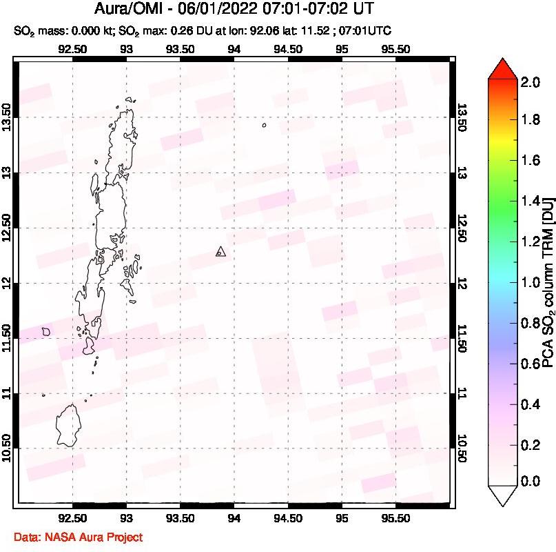 A sulfur dioxide image over Andaman Islands, Indian Ocean on Jun 01, 2022.