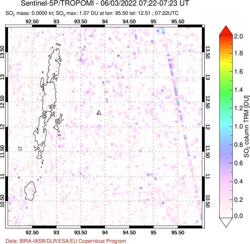 A sulfur dioxide image over Andaman Islands, Indian Ocean on Jun 03, 2022.