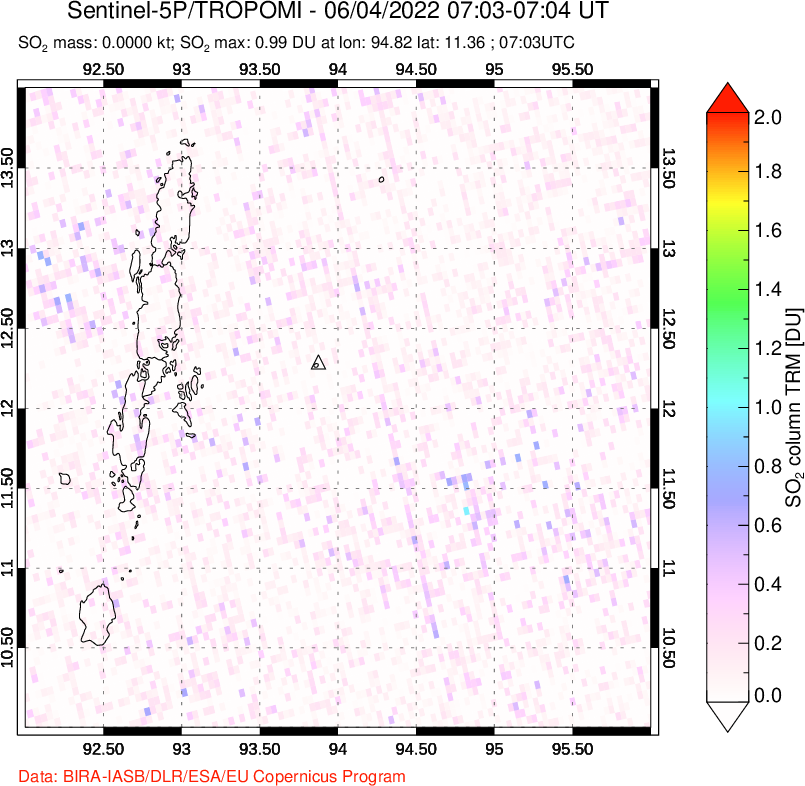 A sulfur dioxide image over Andaman Islands, Indian Ocean on Jun 04, 2022.