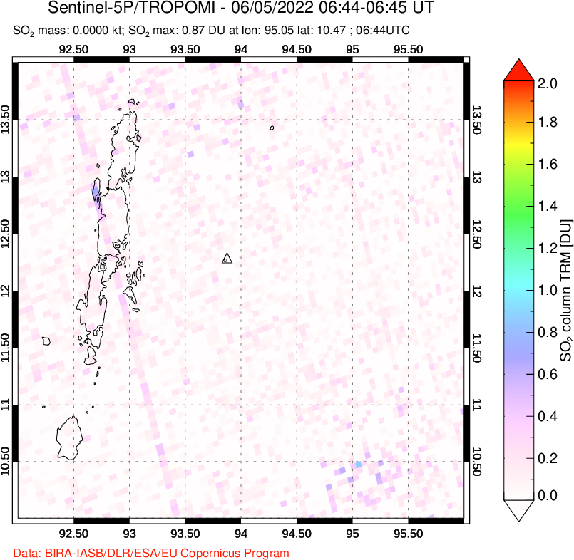 A sulfur dioxide image over Andaman Islands, Indian Ocean on Jun 05, 2022.