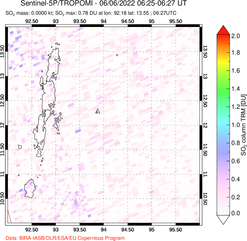 A sulfur dioxide image over Andaman Islands, Indian Ocean on Jun 06, 2022.
