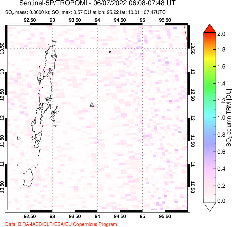 A sulfur dioxide image over Andaman Islands, Indian Ocean on Jun 07, 2022.