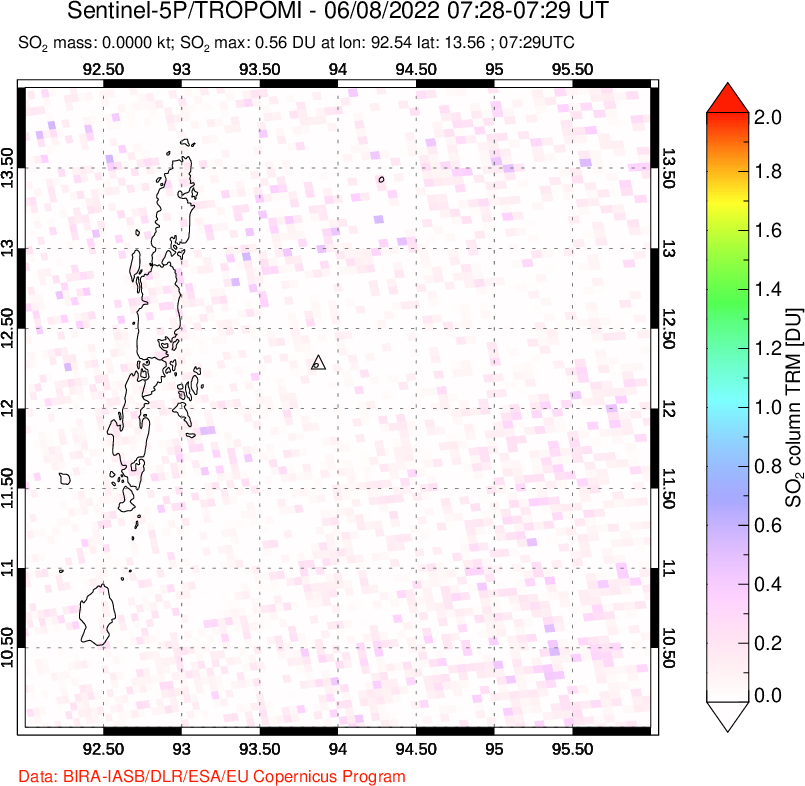 A sulfur dioxide image over Andaman Islands, Indian Ocean on Jun 08, 2022.