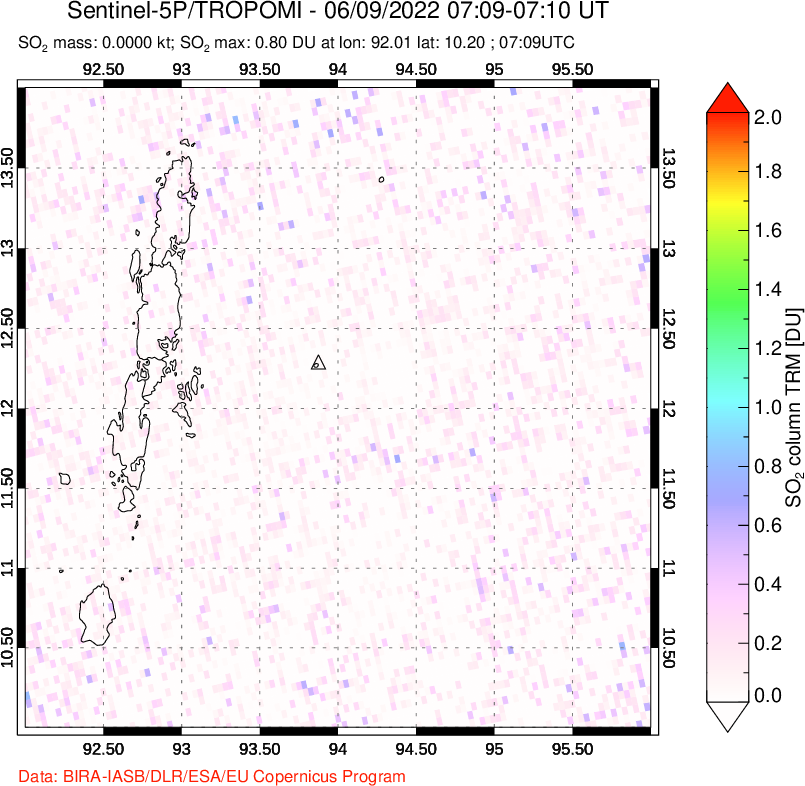 A sulfur dioxide image over Andaman Islands, Indian Ocean on Jun 09, 2022.