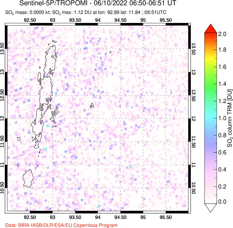 A sulfur dioxide image over Andaman Islands, Indian Ocean on Jun 10, 2022.